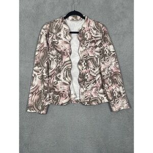 Chico's Jacket Womens 2 Pink Gray Stretch Paisley Scalloped Trim Open Front